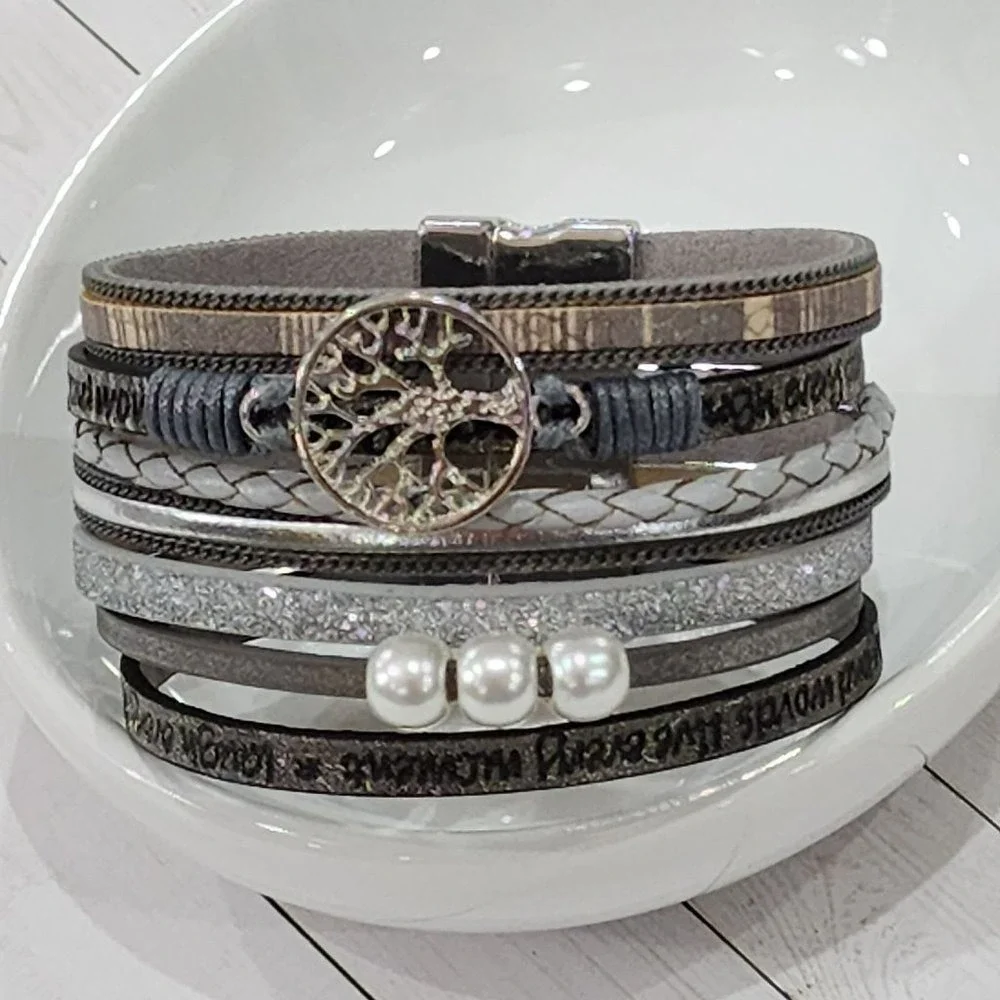 Multilayer Leather‎ Bangle Magnetic Clasp Bracelet for Men or Women 7.5in Silver